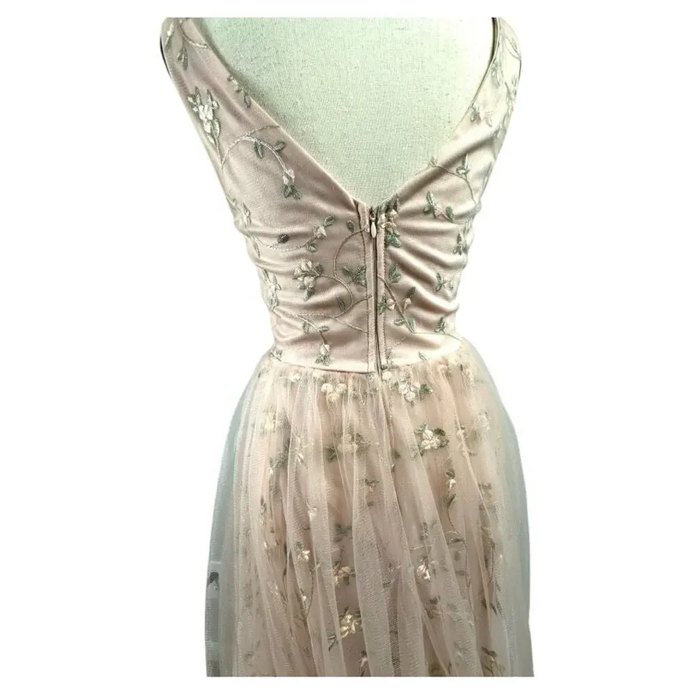 Maniju Embroidered Floral Gown Blush Pink sheer overlay